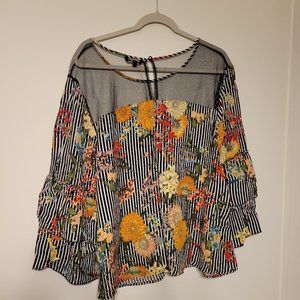3X Peasant Floral top, ruffle A Line, Sheer Neckline NWOT